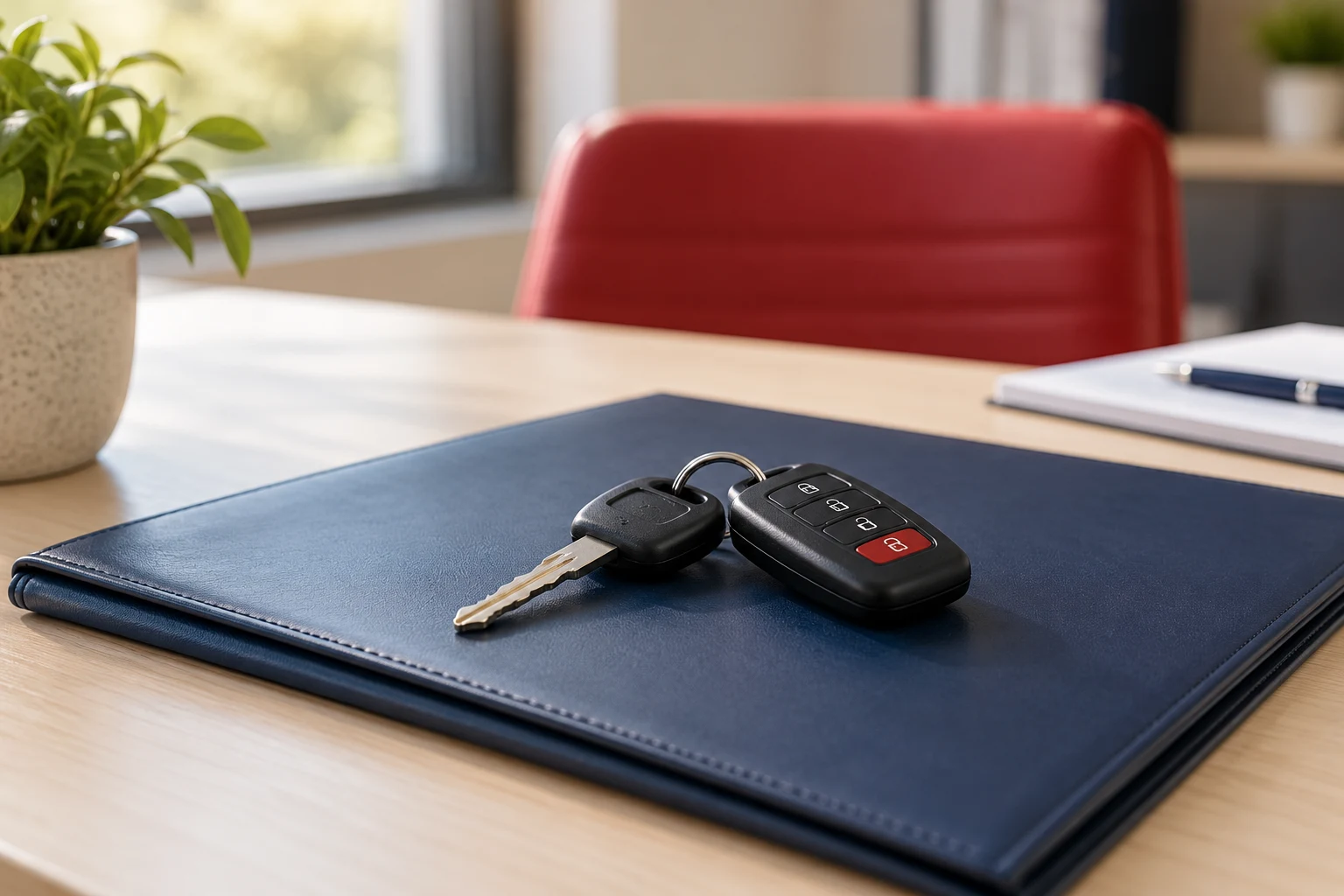 Car keys on a navy folder in an office setting.