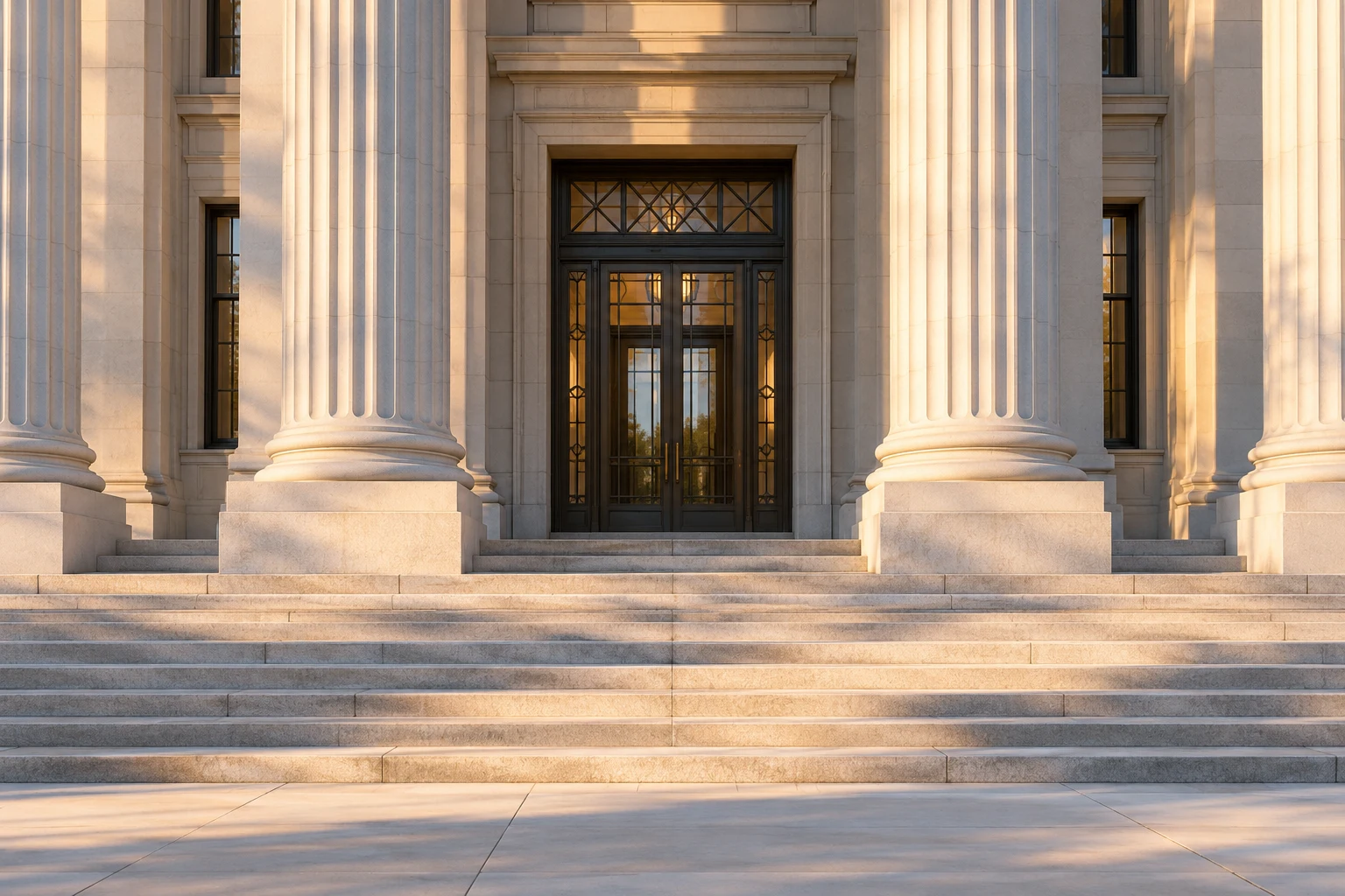 Illustrative courthouse columns and steps in warm daylight.