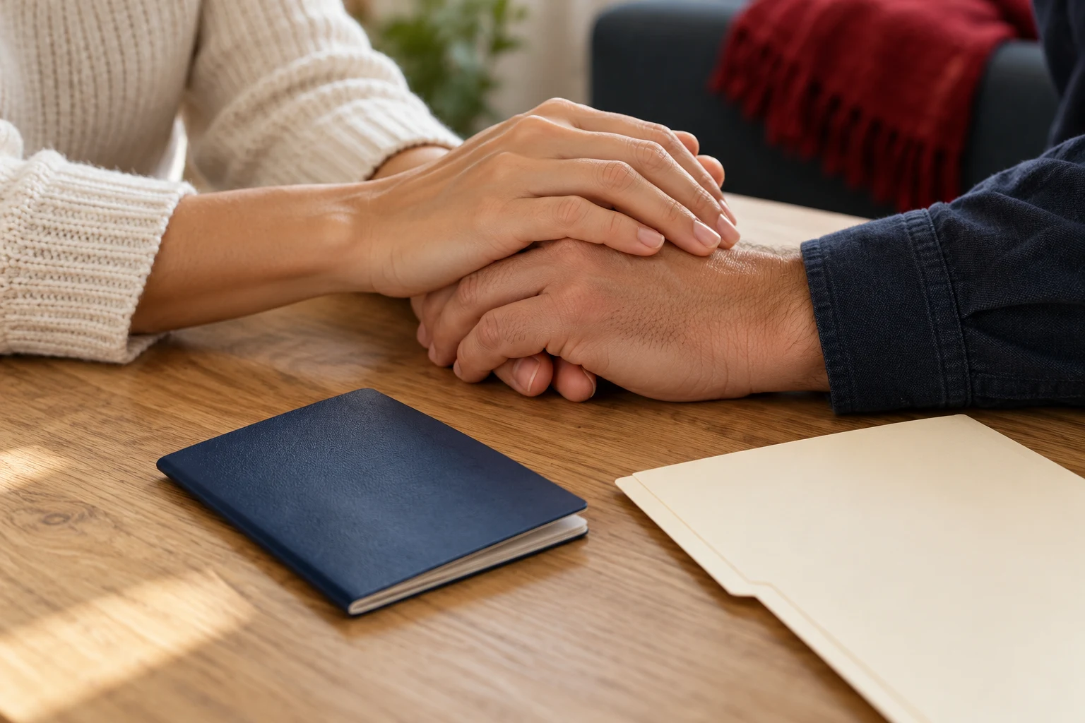 Two adults holding hands beside a plain navy booklet and folder.