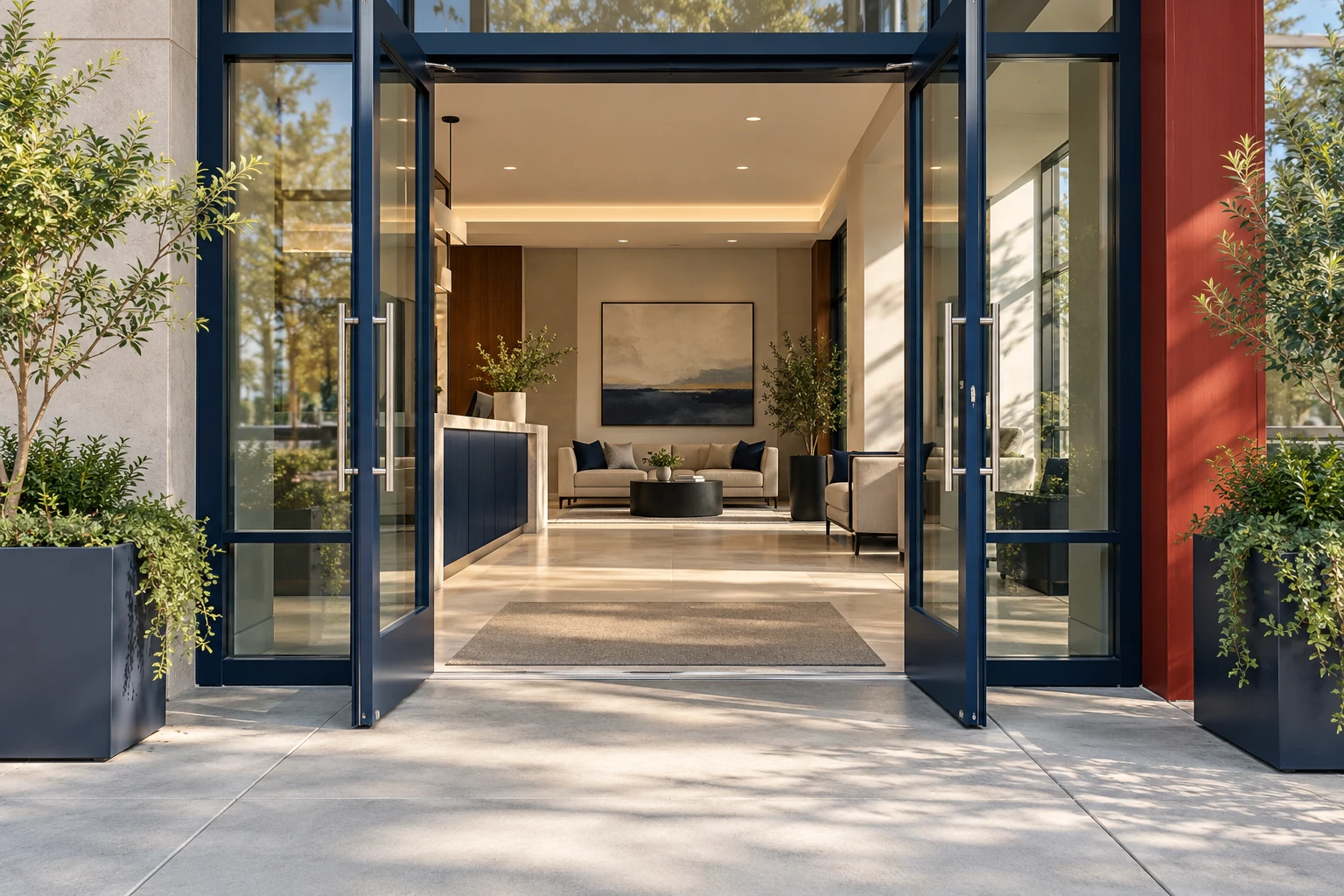 Open glass doorway leading into a welcoming generic lobby.