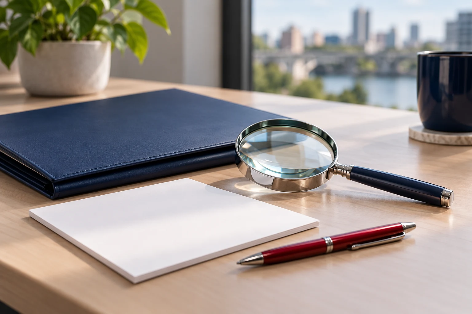 Magnifying glass beside a navy folder and blank document.